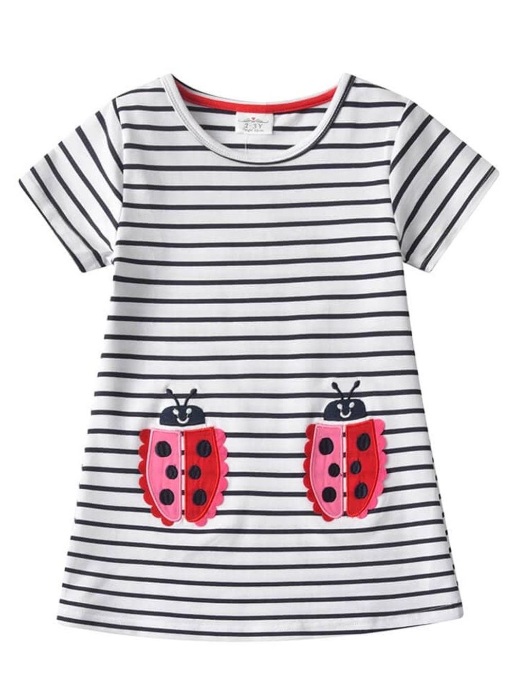 Girls Striped Pocket Casual Dress with Pink Ladybug Pockets